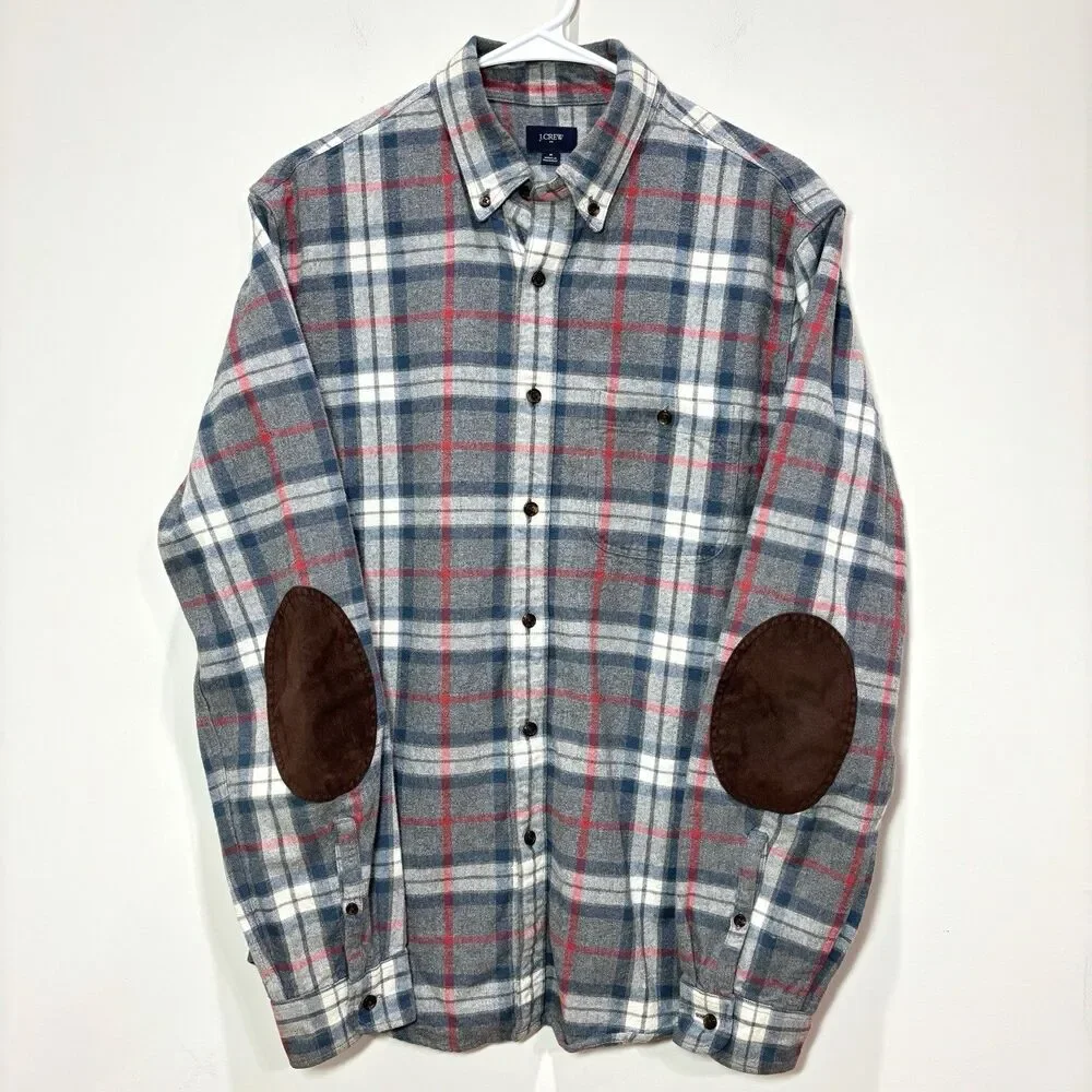 J Crew Men Plaid Flannel Button Down Shirt M Cotton Elbow Patch Dad Preppy Cabin